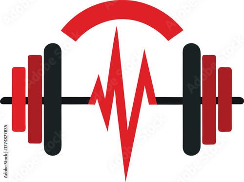 A dynamic fitness logo showcasing a barbell intertwined with a vibrant red heartbeat line, set against a clean white backdrop, symbolizing strength, energy, and cardiovascular health