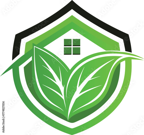 Ecofriendly home protection logo featuring a green shield with leaves and a house window, symbolizing sustainable security and environmental consciousness