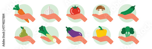 Hand holding fresh vegetables and fruits for healthy eating