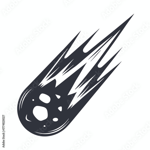 Dark silhouette of falling comet with tails shoots through the empty space