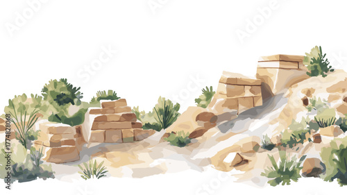 Chan Chan Archaeological Site. Chan Chan Archaeological Site hand drawn watercolor illustration