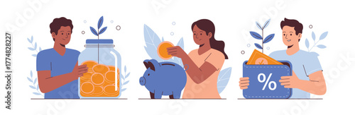 People saving money in different ways, putting coins in piggy bank and jar