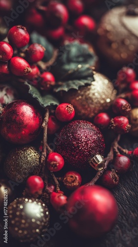 Festive Holiday Ornaments: A vibrant cluster of glistening red and gold ornaments and red berries creates a captivating holiday still life, perfect for evoking the warmth and cheer of the season.