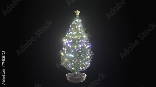A seamless looping animation of LED lights twinkling on a decorated Christmas tree created by 3D modeling.
