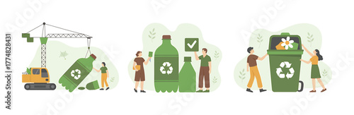 People recycling plastic bottles and waste, environmental protection concept
