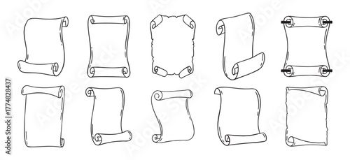 Ancient empty scroll doodle hand drawn, ancient medieval paper outline icon set. Outline vector paper scrolls, papyrus isolated empty template.