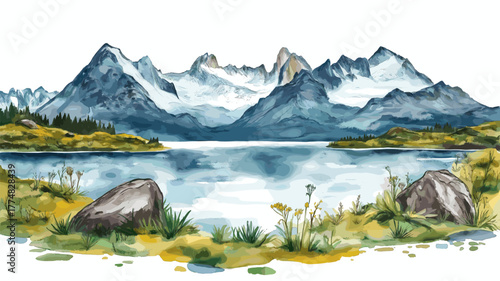 Tierra del Fuego National Park. Tierra del Fuego National Park hand drawn watercolor illustration