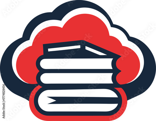 A modern logo design featuring a stack of books nestled within a cloud, symbolizing cloudbased learning and digital education, perfect for tech companies or online education platforms