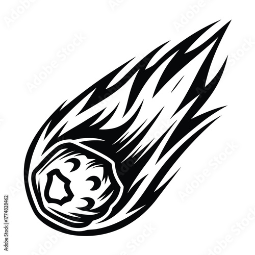 A stylized black and white comet swiftly descends, leaving streaks behind it across the open sky