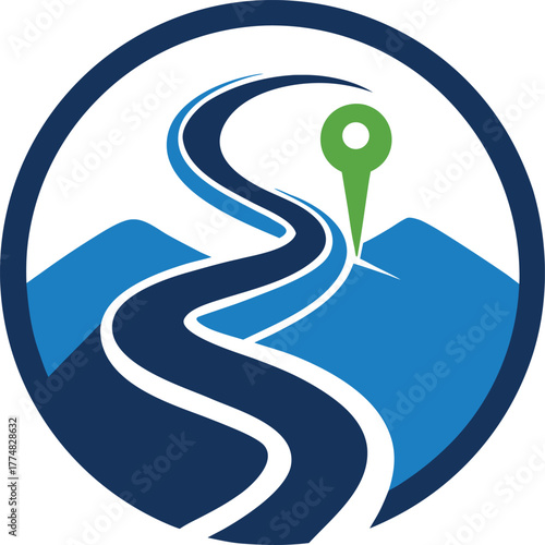 A winding road leads through rolling hills to a destination marked by a green pin, symbolizing travel, adventure, and the journey to a specific location