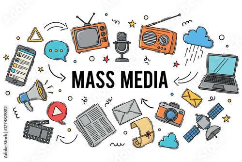 Mass media elements: tv, radio, internet, and communication icons