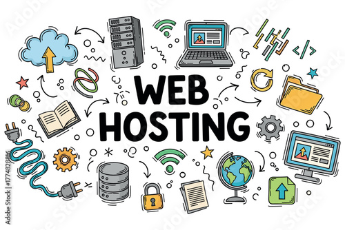 Web hosting concept with servers, computers, cloud, and security icons
