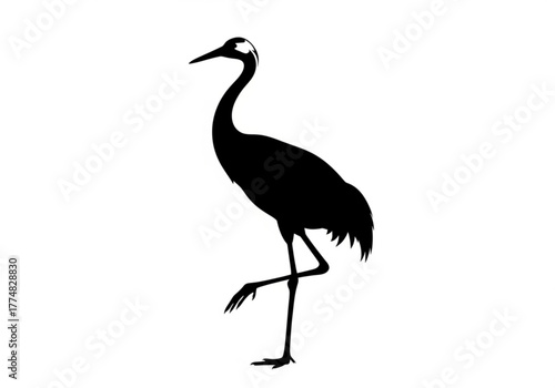 Silhouette of a crane bird standing on one leg generative ai