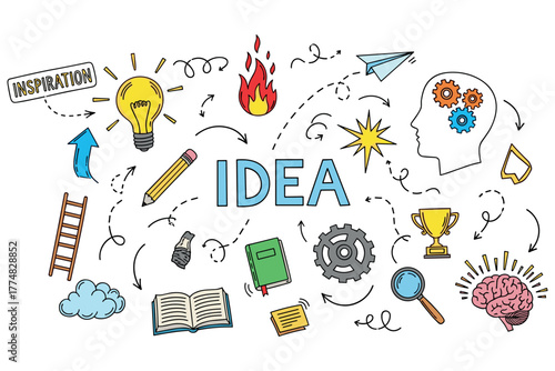 Creative brainstorming concept with doodles of ideas and symbols