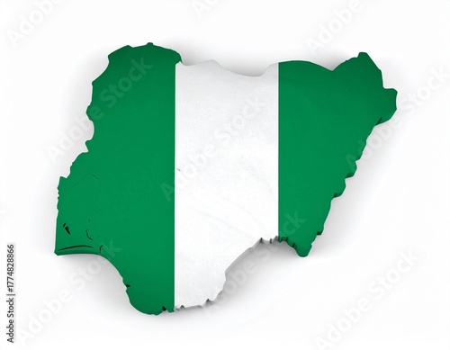 Nigeria Map with Nigerian Flag Colors on White Background 3D Render
