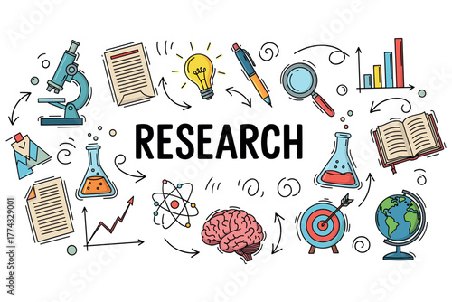 Research concept design with scientific elements and arrows illustrating experimentation and analysis