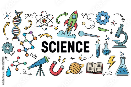 Colorful science icons featuring dna, microscope, and rocket illustrations