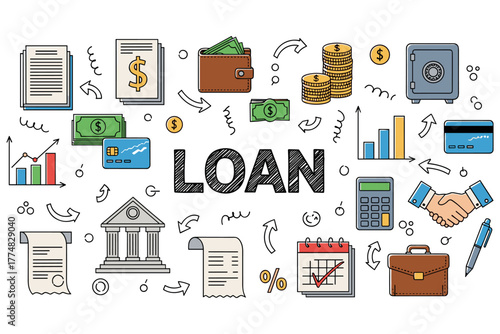 Financial loan concepts with icons of money, documents, and banking tools