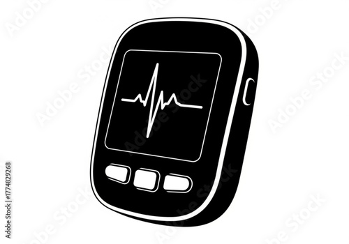 Black and white illustration of a portable heart monitor with electrocardiogram generative ai