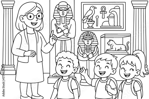 hand drawn vector illustration of Grand Egyptian Museum coloring page for kids