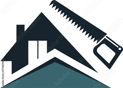 A striking logo showcasing a house silhouette with a saw, representing construction, renovation, and home improvement