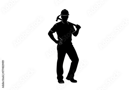 Silhouette of a construction worker holding a hammer generative ai