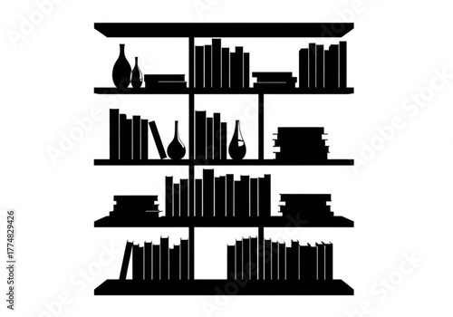 Silhouette of a bookshelf filled with books and vases generative ai