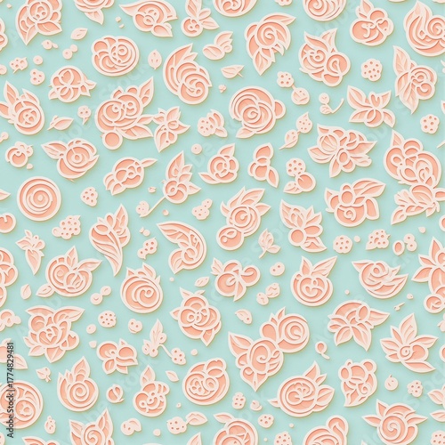 A seamless floral pattern of pink stickers with flowers on a blue background.