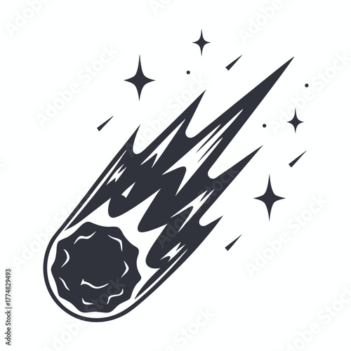 Dark gray comet streaks across a bright white sky, leaving behind small stars