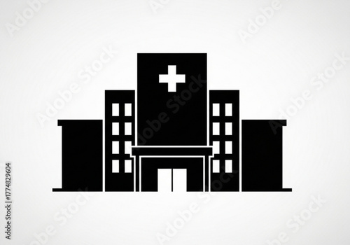 Black hospital building icon with a white cross on a gray background generative ai