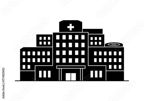 Black and white illustration of a hospital building with a cross symbol generative ai