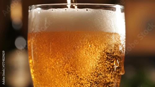 Wallpaper Mural Close up of golden beer pouring into a glass with bubbles and white foam Torontodigital.ca