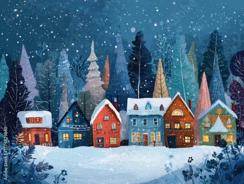 Cozy Village in Winter Wonderland: A charming illustration depicts a serene winter scene, where a quaint village nestles beneath a blanket of falling snow. Each house, aglow with warm light.