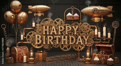 Steampunk Happy Birthday Scene with Gears and Balloons