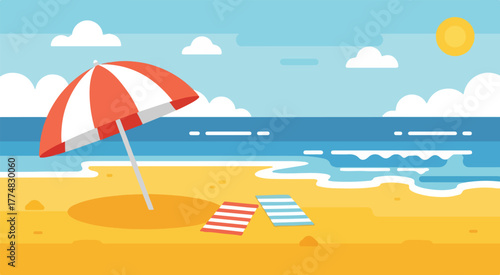 Beach vacation scene vector illustration with umbrella and towels for summer holiday design