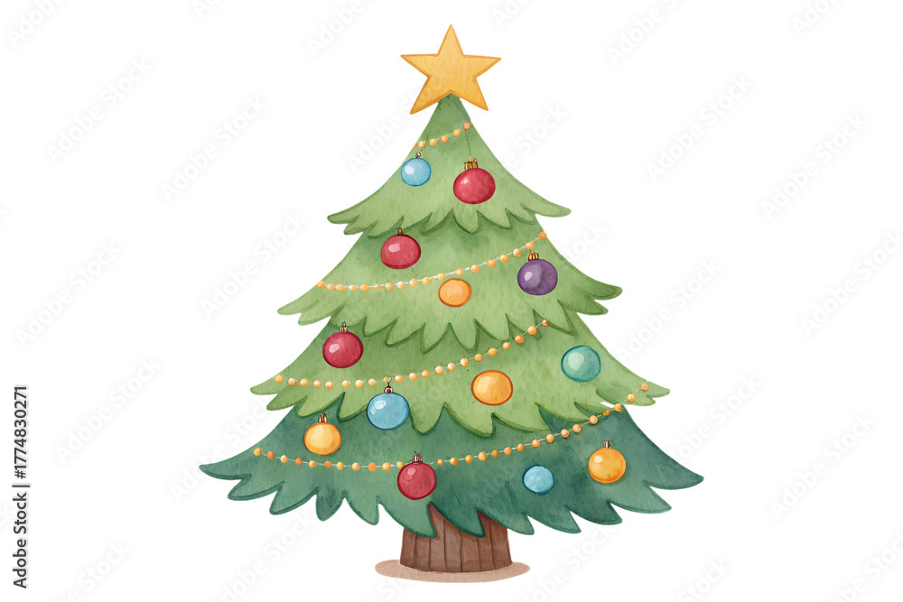 Fototapeta premium Watercolor cartoon Christmas tree with colorful ornaments and a bright yellow star on top. Festive, cheerful winter holiday illustration, perfect for greeting cards, posters, invitations, and seasonal