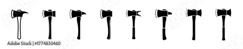 A collection of eight black silhouette icons of various types of hammers and axes arranged in a horizontal line.