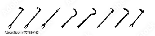 A row of various black silhouette crowbars and pry bars on a white background, depicting different tool shapes.