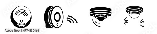 Four black and white illustrations of smoke detectors, each with a different design and shape.