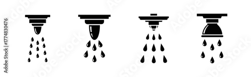 Four different icons representing shower heads spraying water in various patterns.