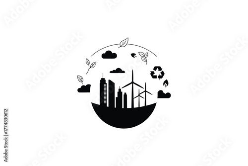 Eco friendly city with wind turbines and recycling symbols