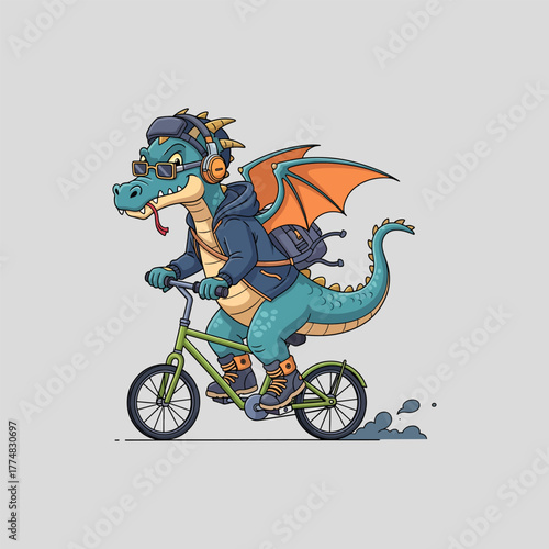 Cool dragon riding bicycle cartoon vector illustration