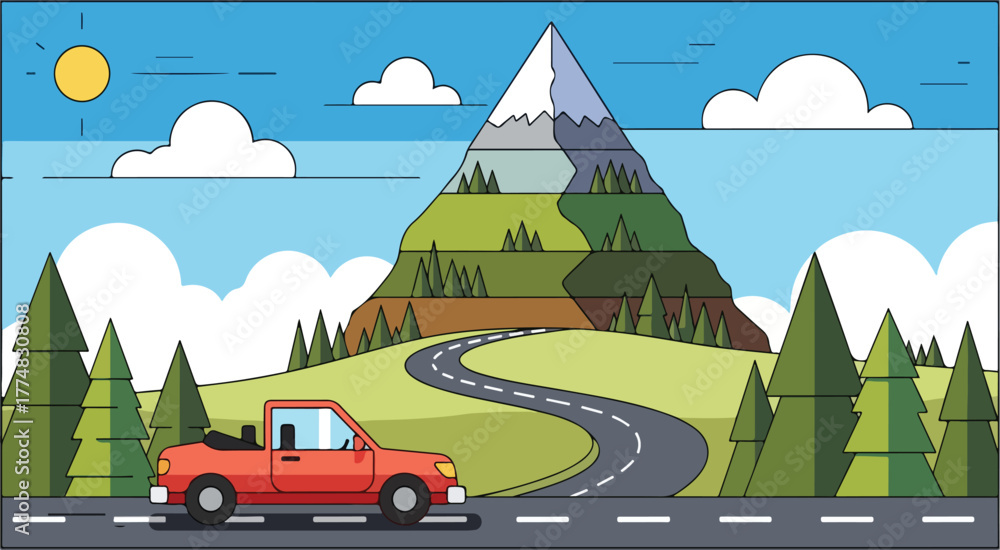 Naklejka premium Red car driving road trip adventure through mountain landscape cartoon illustration vector graphic design