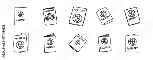 Linear doodle hand drawn passport icon set. Outline drawing international passport control, travel concept