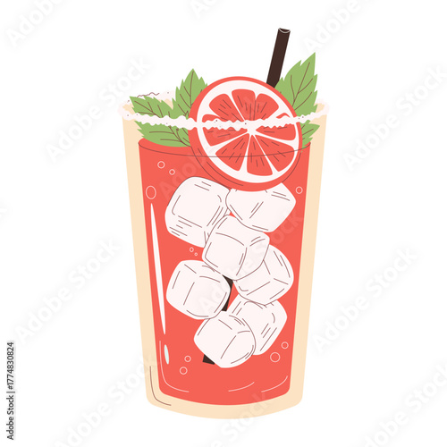 Refreshing Paloma cocktail vector illustration. Mexican tequila based drink with pink grapefruit, ice, mint in a tall highball glass. Stylish modern flat and hand drawn style.
