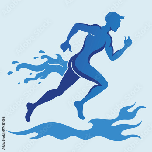 Silhouette of a man running with water splashing behind him, symbolizing speed, power, and determination, on a light blue background, vector illustration