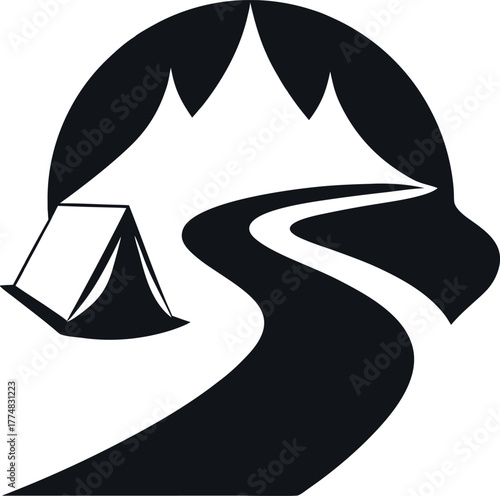 Camping adventure logo the logo features a tent, mountain, and river the logo is black and white the logo is perfect for a camping or outdoor adventure company