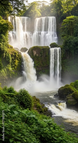 Realistic Waterfall with Moss-Covered Rocks and Foliage. Serene Grandeur of a Cascading Waterfall in Nature. Dappled Sunlight on a Misty Forest Waterfall.
