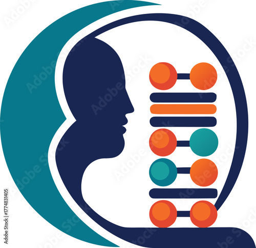 A conceptual logo featuring a silhouette of a human head facing left, with a dna strandlike structure composed of colorful spheres and lines, symbolizing intelligence and genetic research