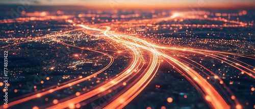 Cityscape light trails at dusk aerial view vibrant glow high resolution photo
